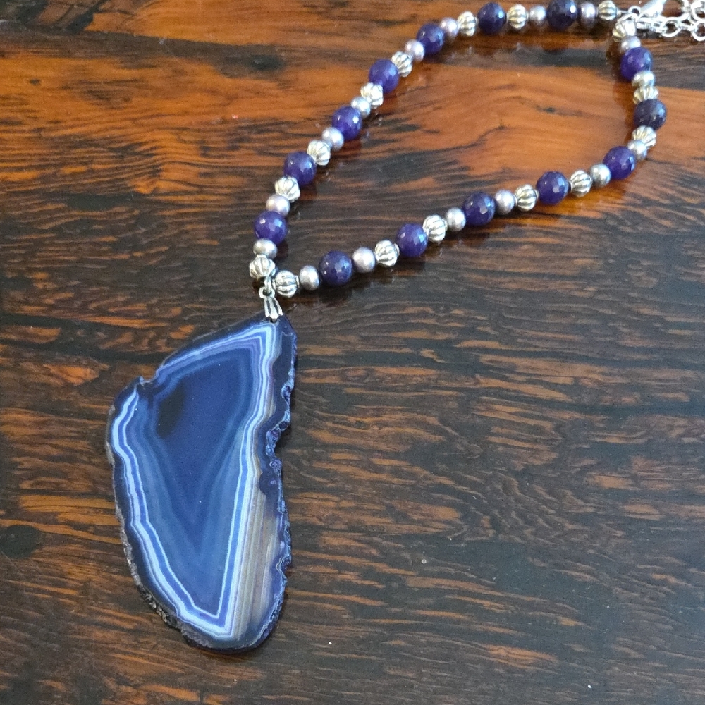 Genuine Amethyst Beaded Necklace & Purple Agate Pendant w/ Matching Earrings